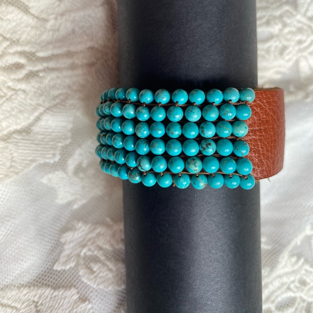 Turquoise Beaded Brown Leather Snap Bracelet